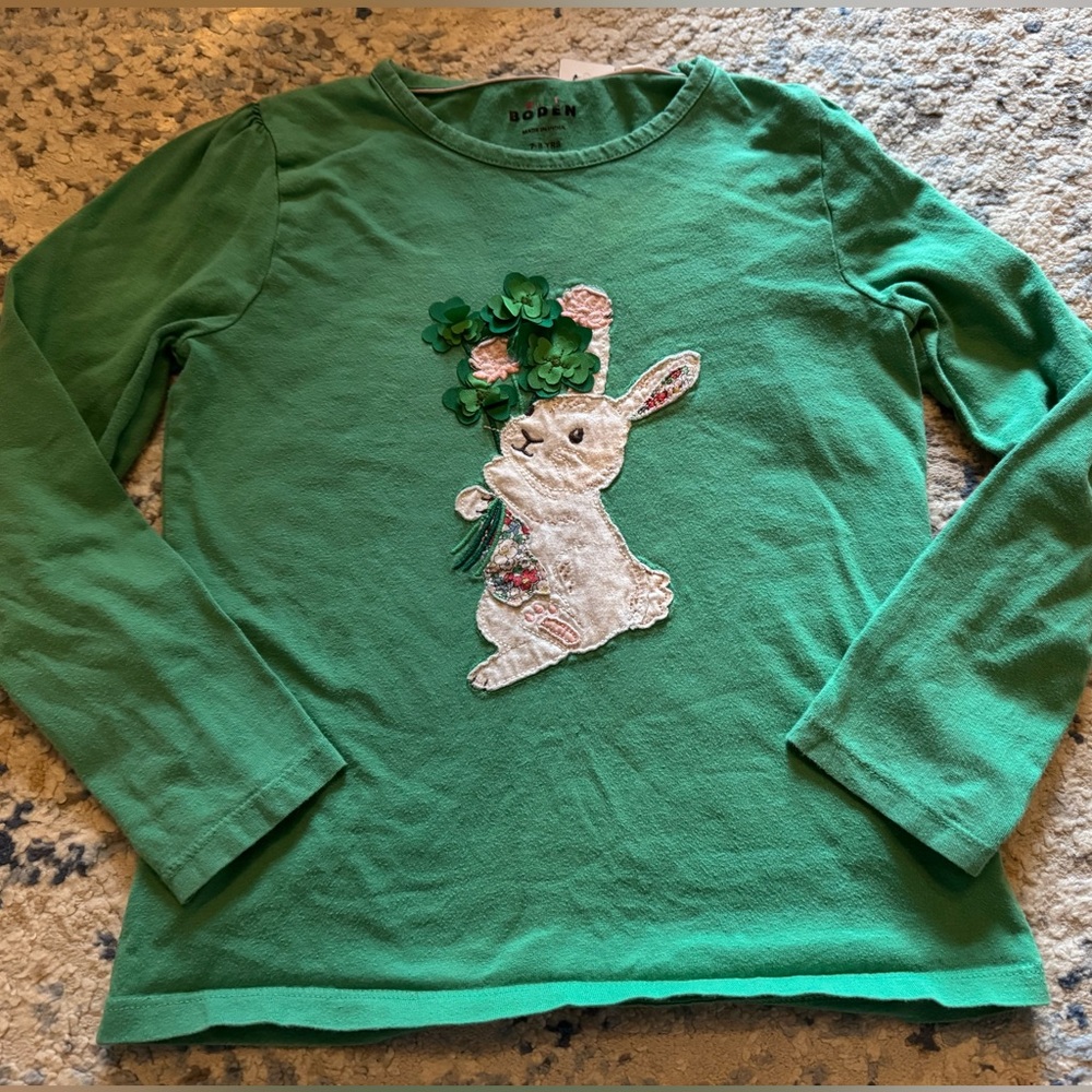 Mini Biden Aloe Green Bunny Appliqué Top 100% Cotton - Picture 3 of 5